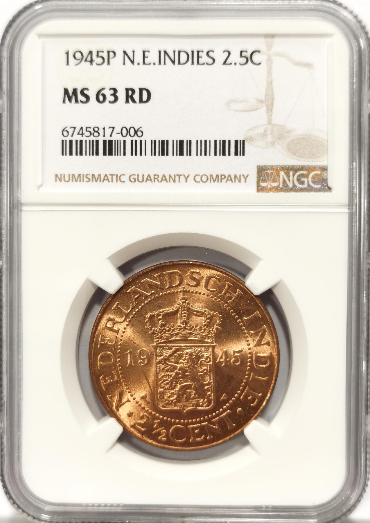 博洋堂世界钱币拍卖第099期（全场包邮） NGC MS63RD 荷属东印度1945年2.5分原光大铜币
