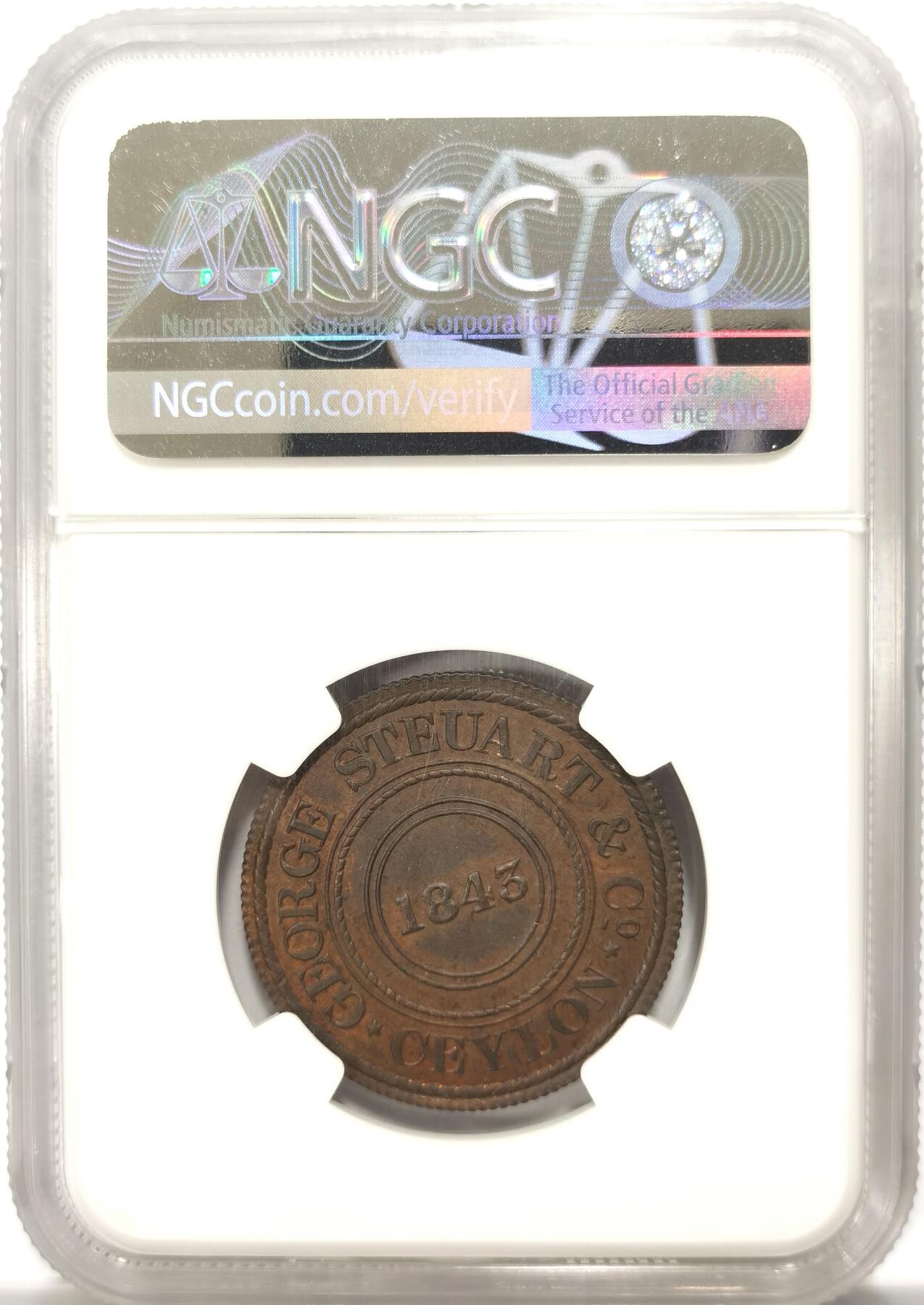 博洋堂世界钱币拍卖第099期（全场包邮） NGC MS63RB 早期锡兰种植园代用币，原光，殖民地币种