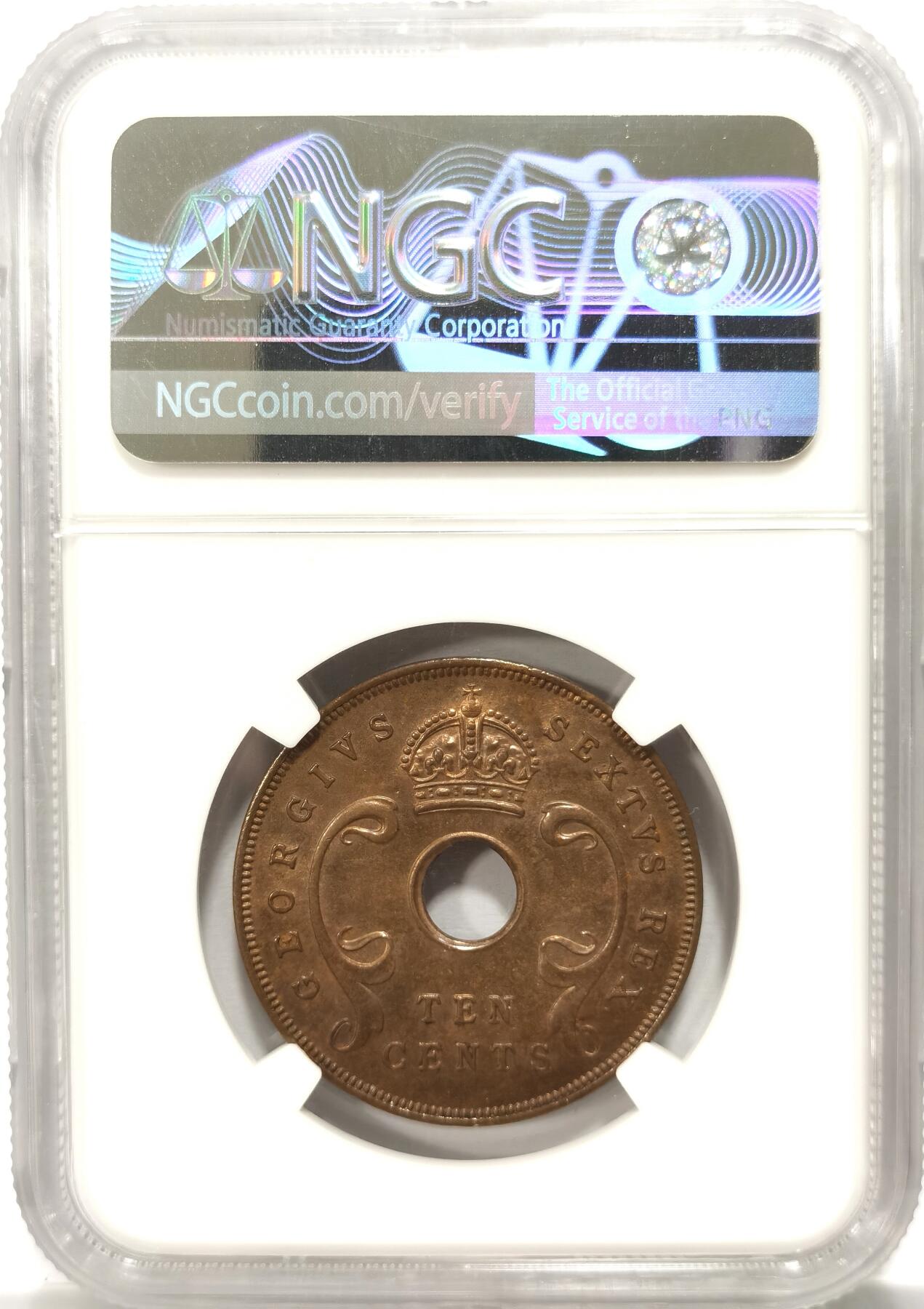 博洋堂世界钱币拍卖第099期（全场包邮） NGC MS63BN 英属东非1950年乔治六世10分铜币，唯一冠军分