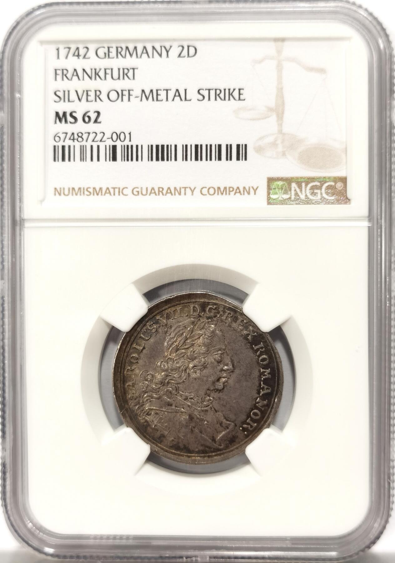 博洋堂世界钱币拍卖第099期（全场包邮） NGC MS62 法兰克福1742年2杜卡金币银样币！亚军分，高点细节无敌！