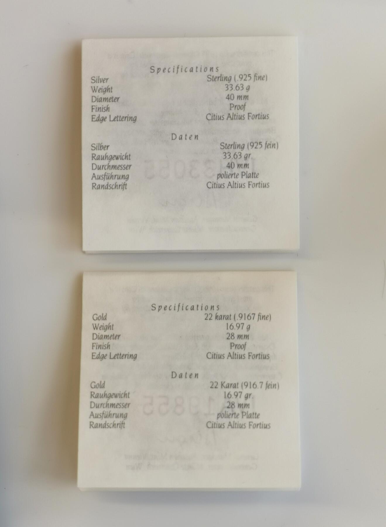 博洋堂世界钱币拍卖第099期（全场包邮） 奥地利1995年奥运百年精制金银币一套，包括金币1枚，银币2枚。金币含纯金半盎司（重16.97克，纯度91.67%），银币每枚含纯银1盎司（重33.63克，纯度92.5%）。材料价格按照最新的金银价在1万元以上。原盒原证书。关于钱币图案的介绍见最后一图。