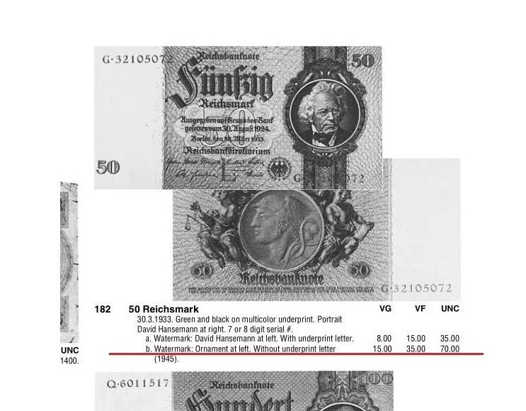 德国第三帝国1933年银行家50马克 无字母花纹水印版 极美品