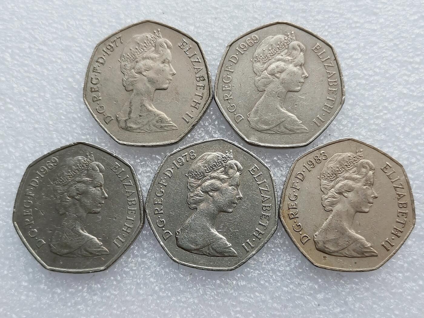 第一海外回流一元起拍收藏 散集专场 第136期. 英国50便士硬币 5枚