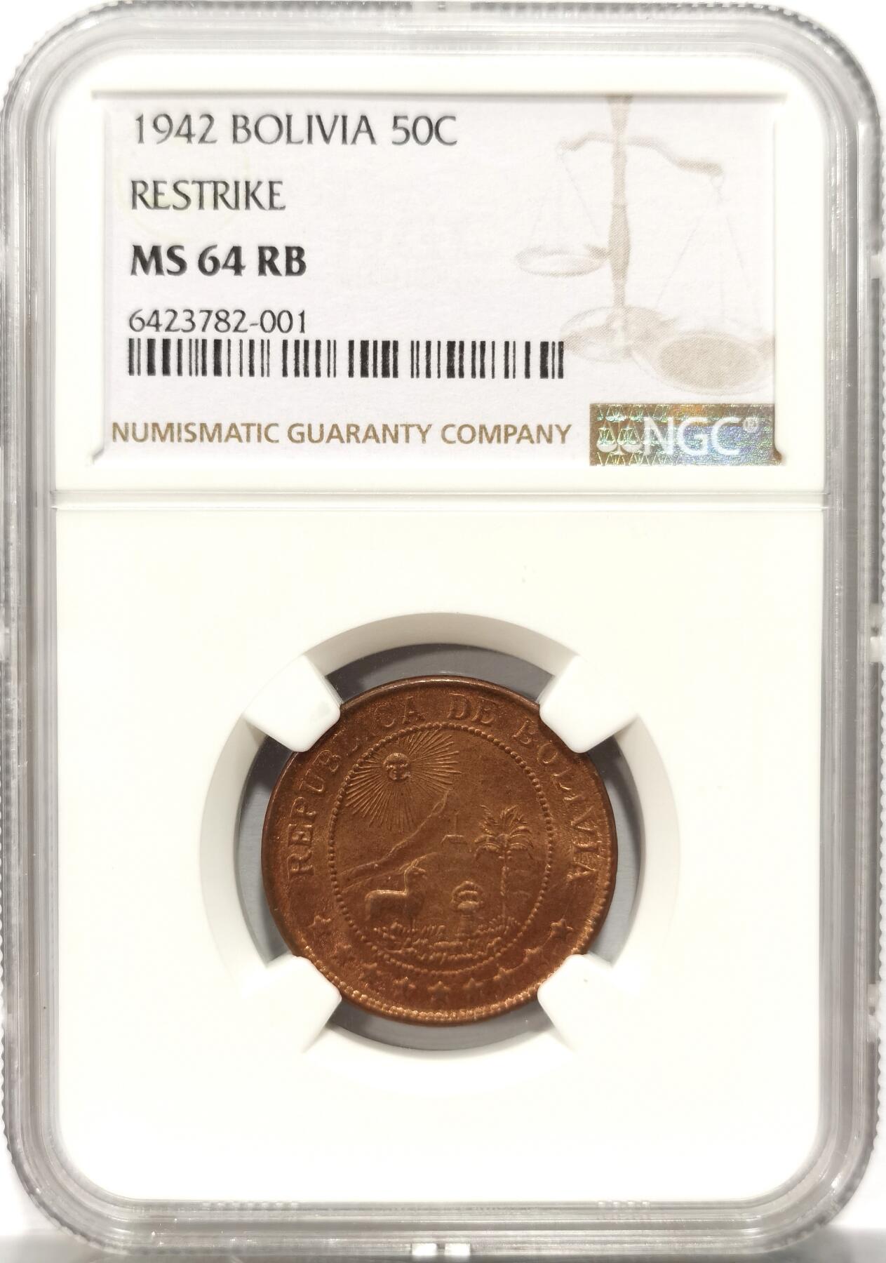 博洋堂世界钱币拍卖第099期（全场包邮） NGC MS64RB 玻利维亚1942年50分铜币，季军分
