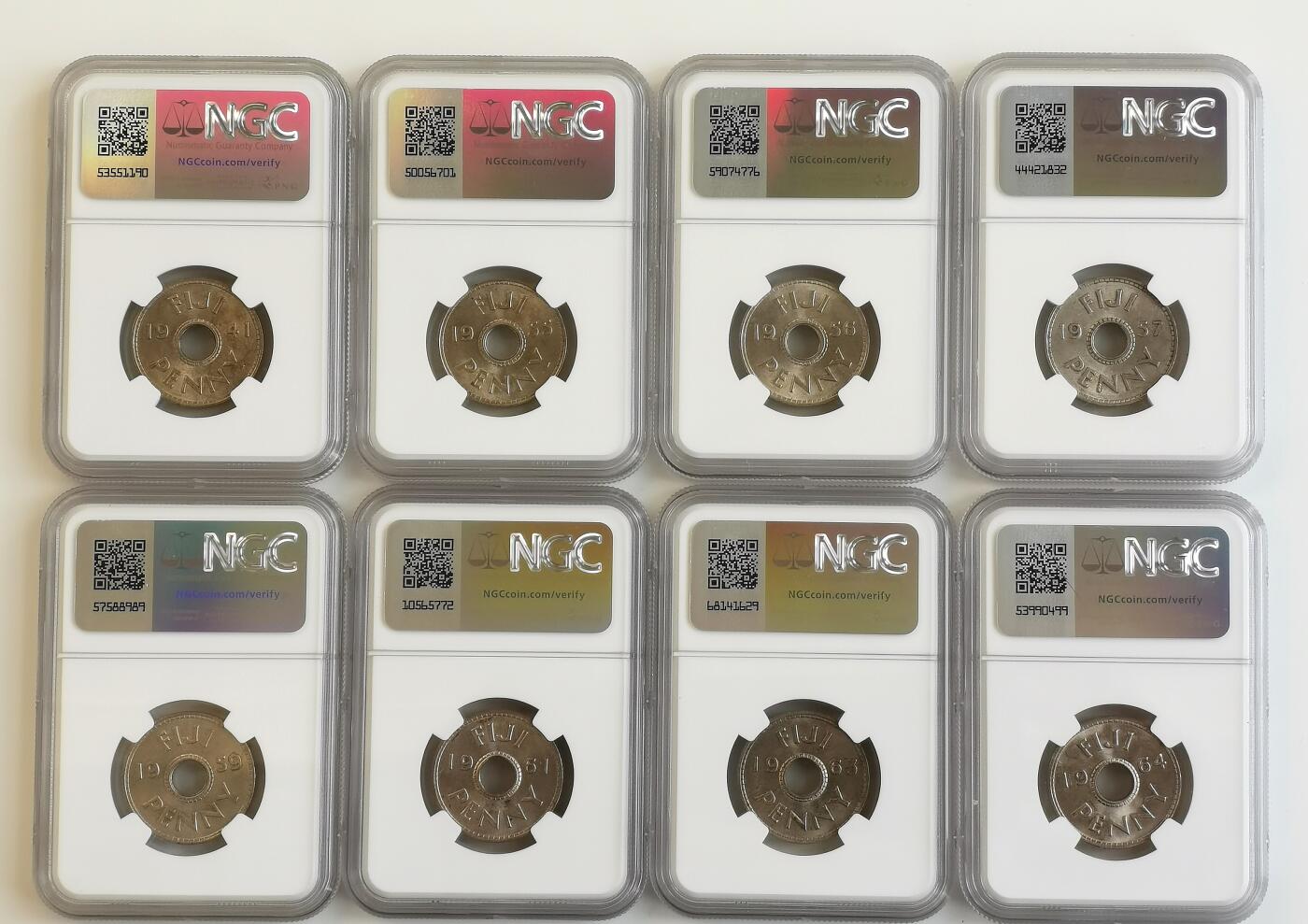 博洋堂世界钱币拍卖第099期（全场包邮） NGC MS63-65 英属斐济1941-1964年1便士不同年份8枚一组