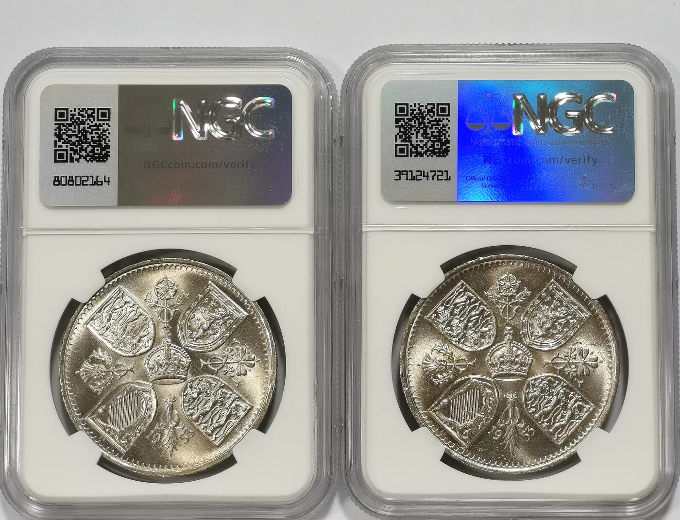 博洋堂世界钱币拍卖第099期（全场包邮） NGC MS62 英国1953年伊丽莎白二世登基纪念克朗2枚一对