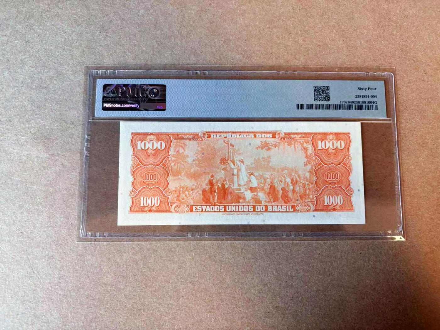 【Blue Auction】✨世界纸币精拍第575期【精】 【无47千位小号】巴西 1963年1000克鲁塞罗 PMG64