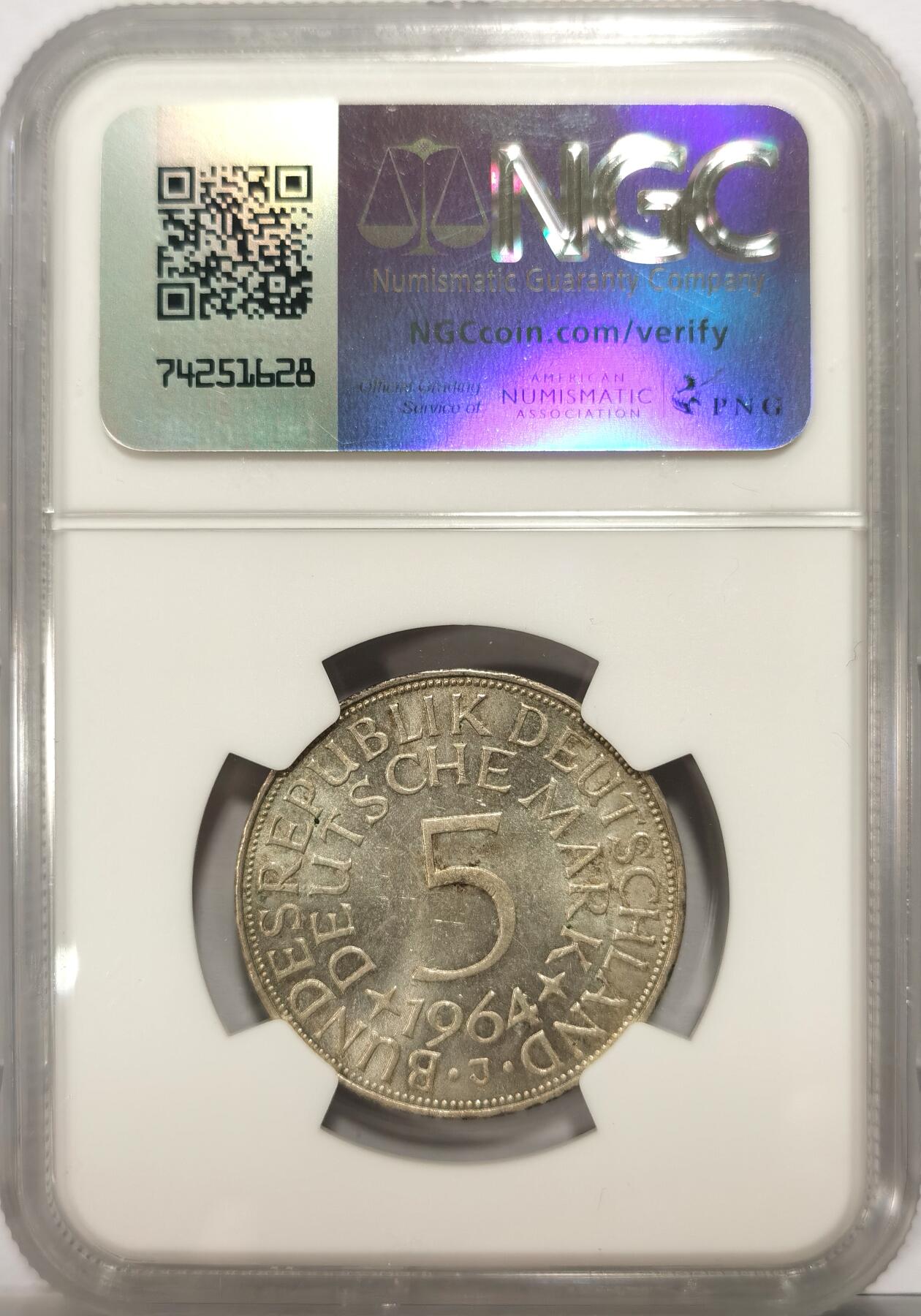 博洋堂世界钱币拍卖第099期（全场包邮） NGC MS63 德国1964年5马克银币，经典德国鹰，稀少年份