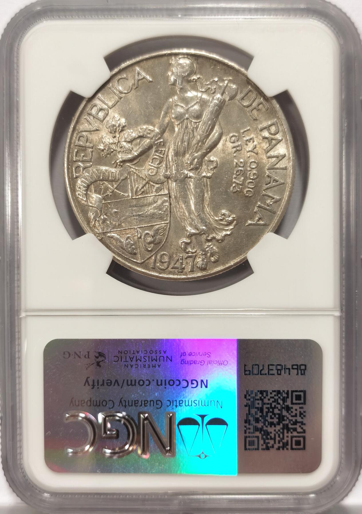 博洋堂世界钱币拍卖第099期（全场包邮） 1947年巴拿马1巴波亚银币NGC-MS61，女神系大主币，币面清爽干净又漂亮，状态极佳。