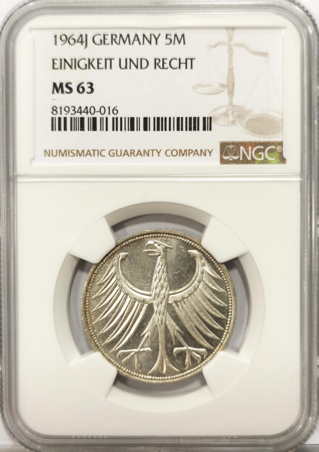 博洋堂世界钱币拍卖第099期（全场包邮） NGC MS63 德国1964年5马克银币，经典德国鹰，稀少年份