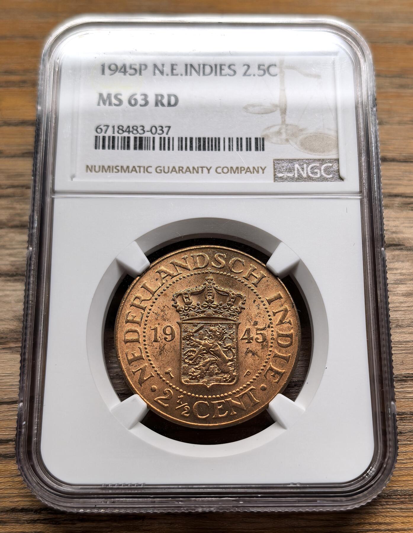 凡希社世界钱币微拍第二百八十九期 1945P荷属东印度2.5分大铜NGC-MS63RD红铜光！