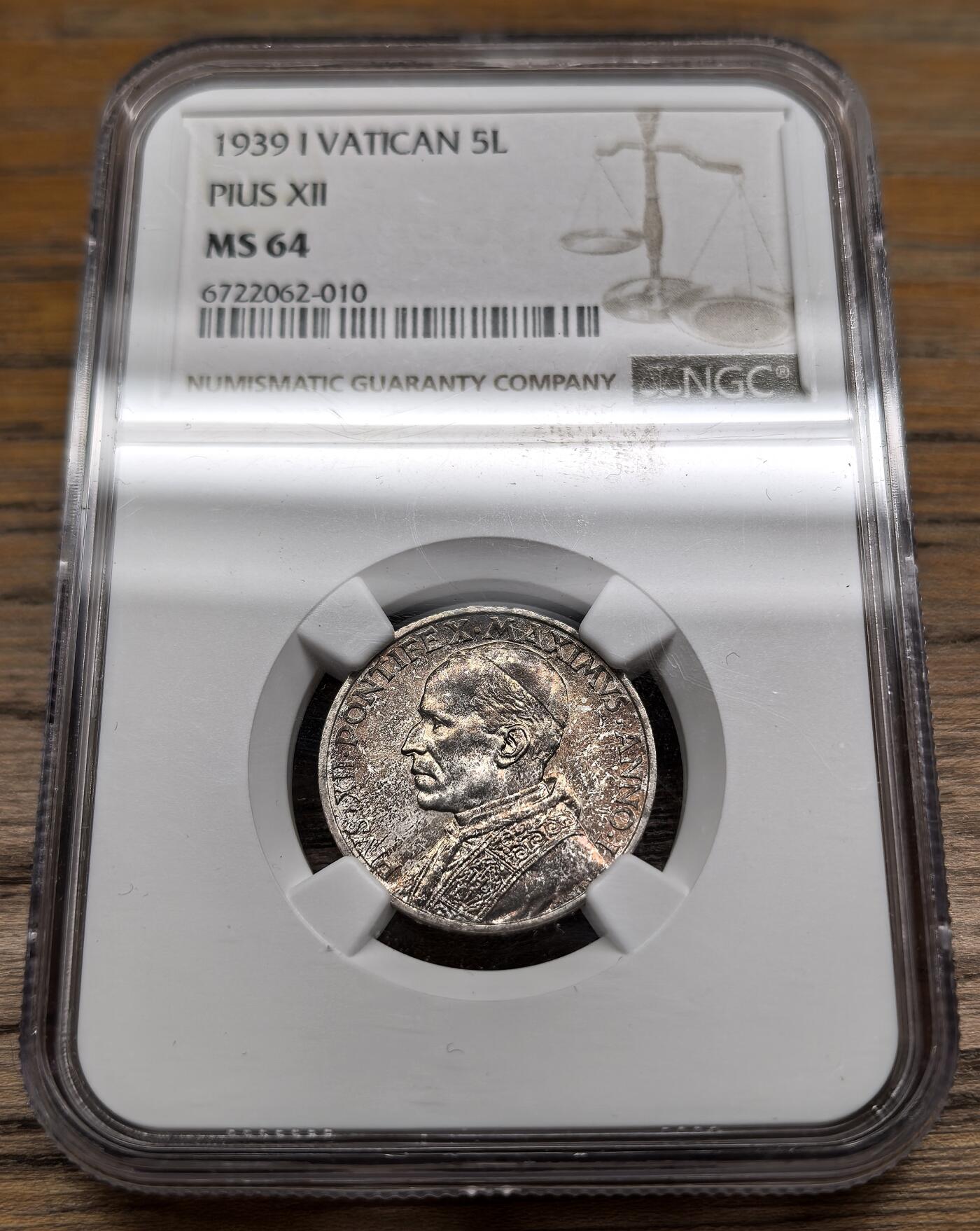 凡希社世界钱币微拍第二百八十九期 1939梵蒂冈5里拉银币NGC-MS64