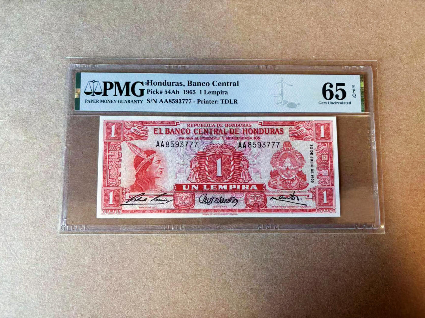 【Blue Auction】✨世界纸币精拍第575期【精】 【AA冠777豹子号】洪都拉斯 1965年1伦皮拉 设计精美 PMG65EPQ 