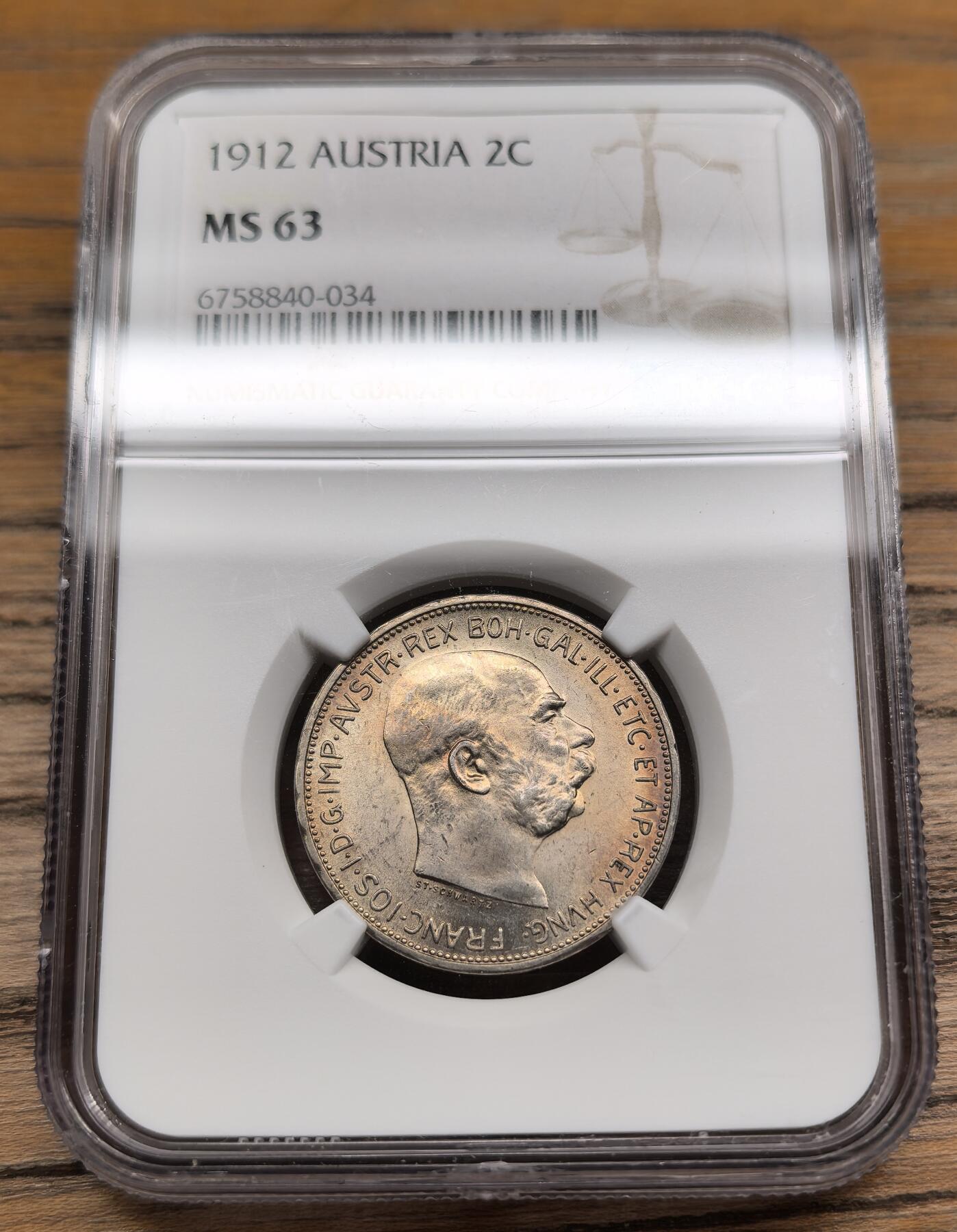 凡希社世界钱币微拍第二百八十九期 1912奥地利2科罗那银币NGC-MS63