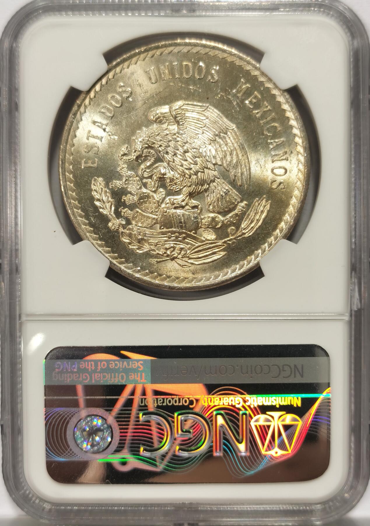 博洋堂世界钱币拍卖第099期（全场包邮） 1948年墨西哥玛雅酋长5比索鹰洋大银币NGC-MS65，原汁原味黄油彩老包浆，包浆醇厚润泽又犀利，状态极佳。