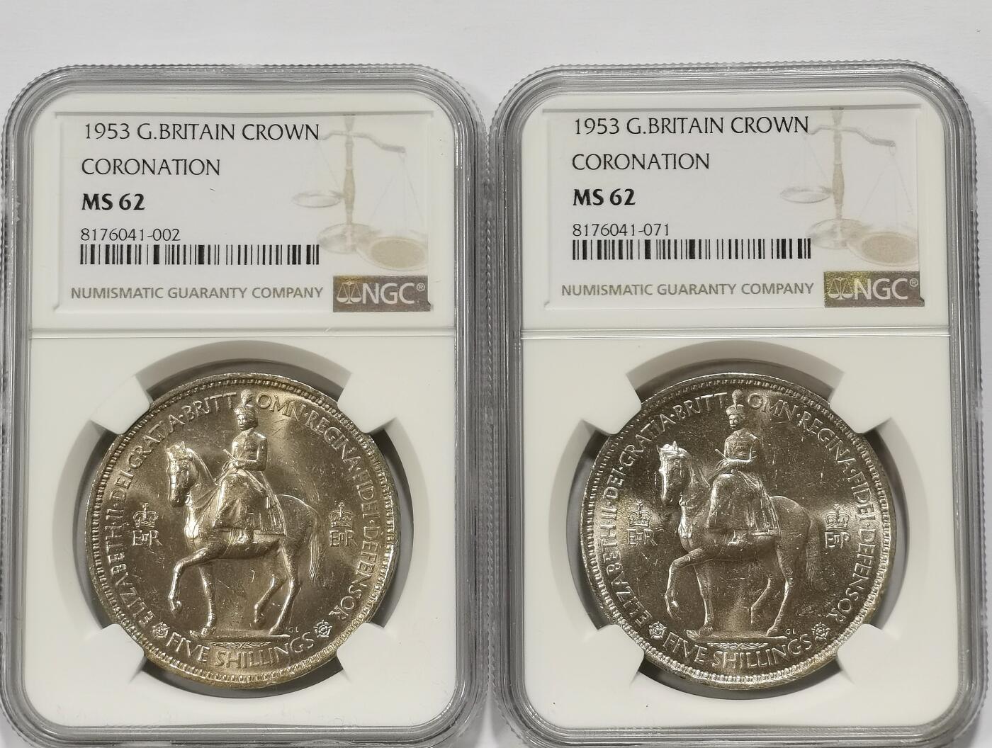 博洋堂世界钱币拍卖第099期（全场包邮） NGC MS62 英国1953年伊丽莎白二世登基纪念克朗2枚一对