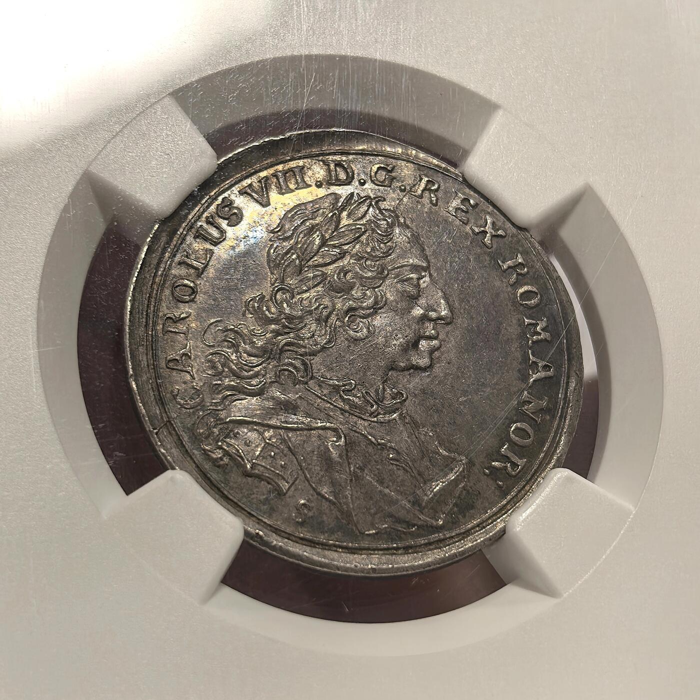 博洋堂世界钱币拍卖第099期（全场包邮） NGC MS62 法兰克福1742年2杜卡金币银样币！亚军分，高点细节无敌！