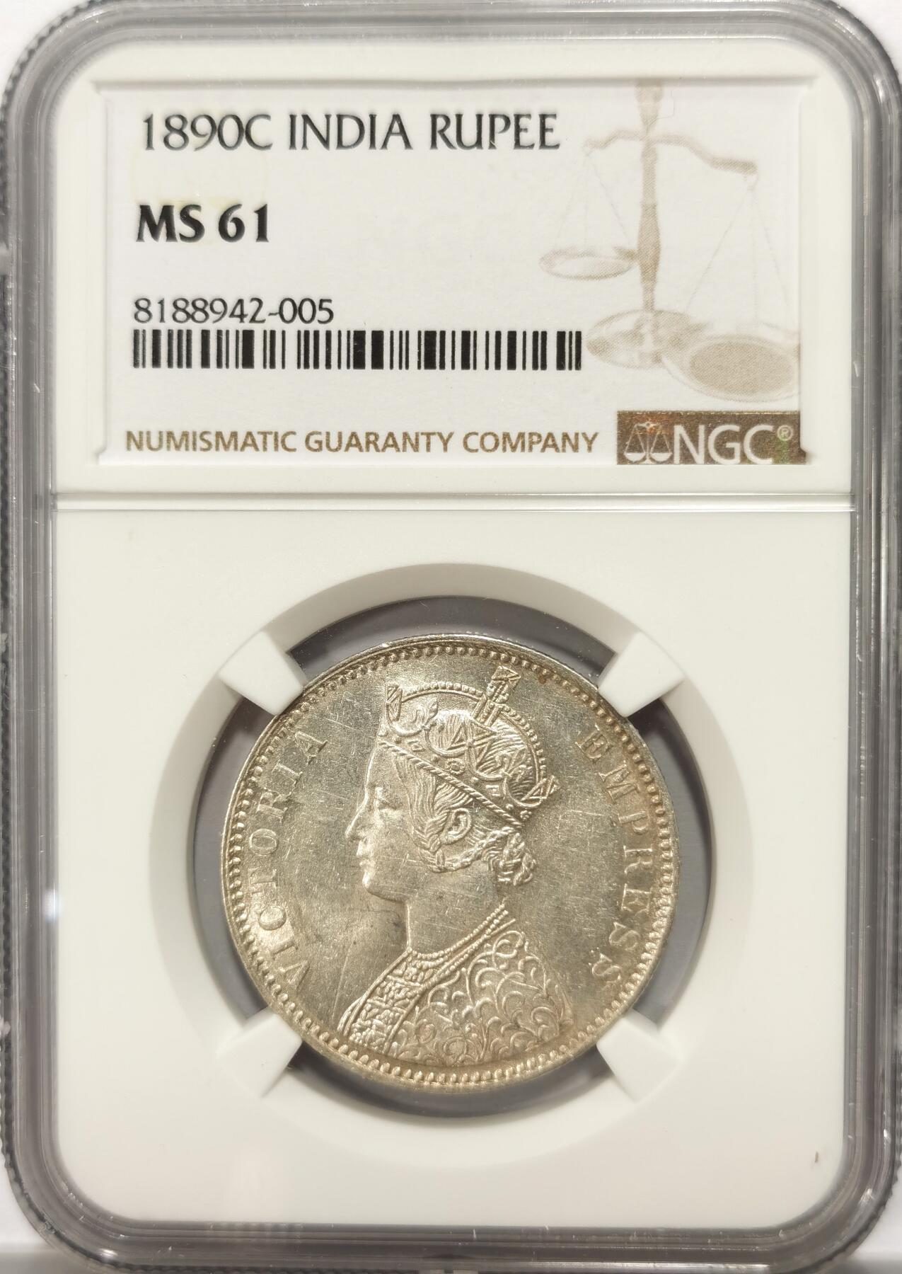 博洋堂世界钱币拍卖第099期（全场包邮） NGC MS61 印度早期卢比 1890C一卢比 光度十足 银光闪闪