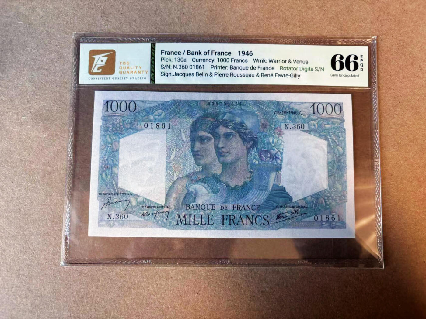 【Blue Auction】✨世界纸币精拍第575期【精】 【倒置号】法国 1946年1000法郎 TQG66EPQ 