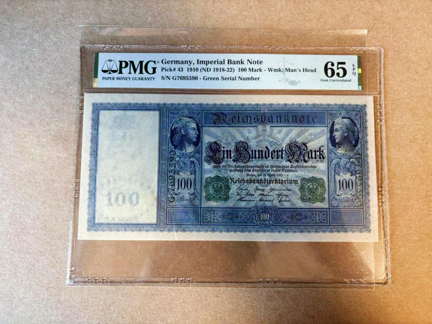 【Blue Auction】✨世界纸币精拍第575期【精】 【绿库印】德国 1910年100马克 超大票幅 PMG65EPQ 