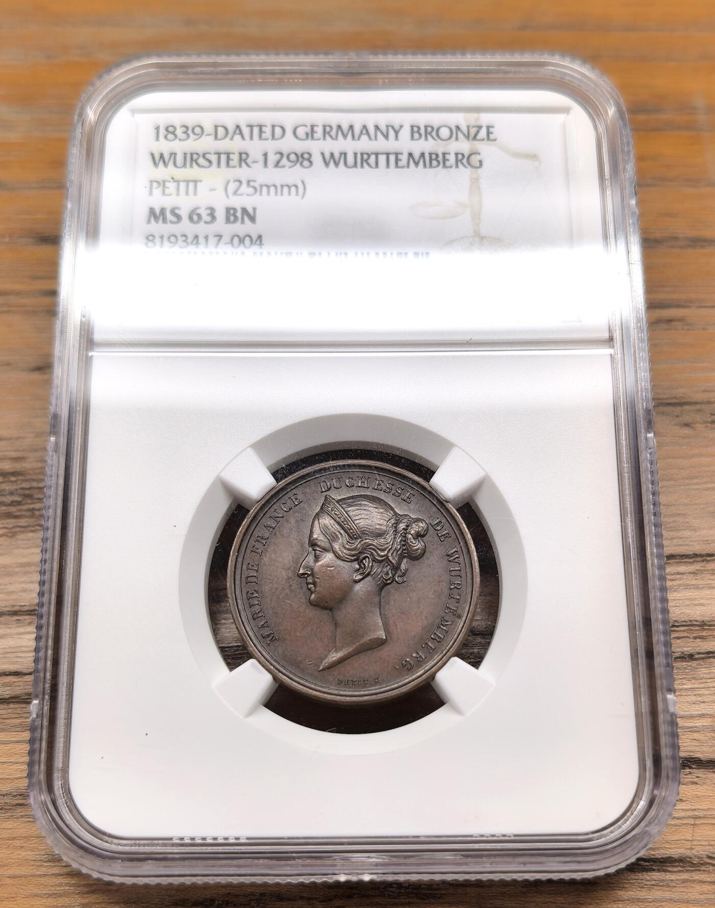 凡希社世界钱币微拍第二百八十九期 1839德国符腾堡纪念铜章NGC-MS63