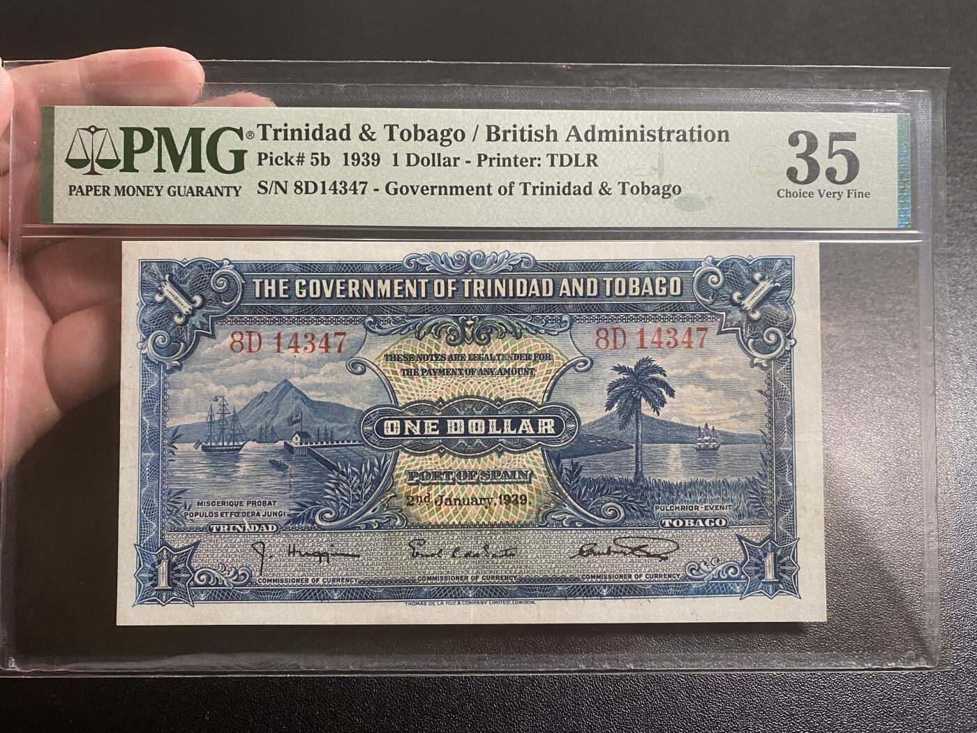【纸迷金醉】精品纸币第2场 1939年特立尼达和多巴哥1元 PMG35