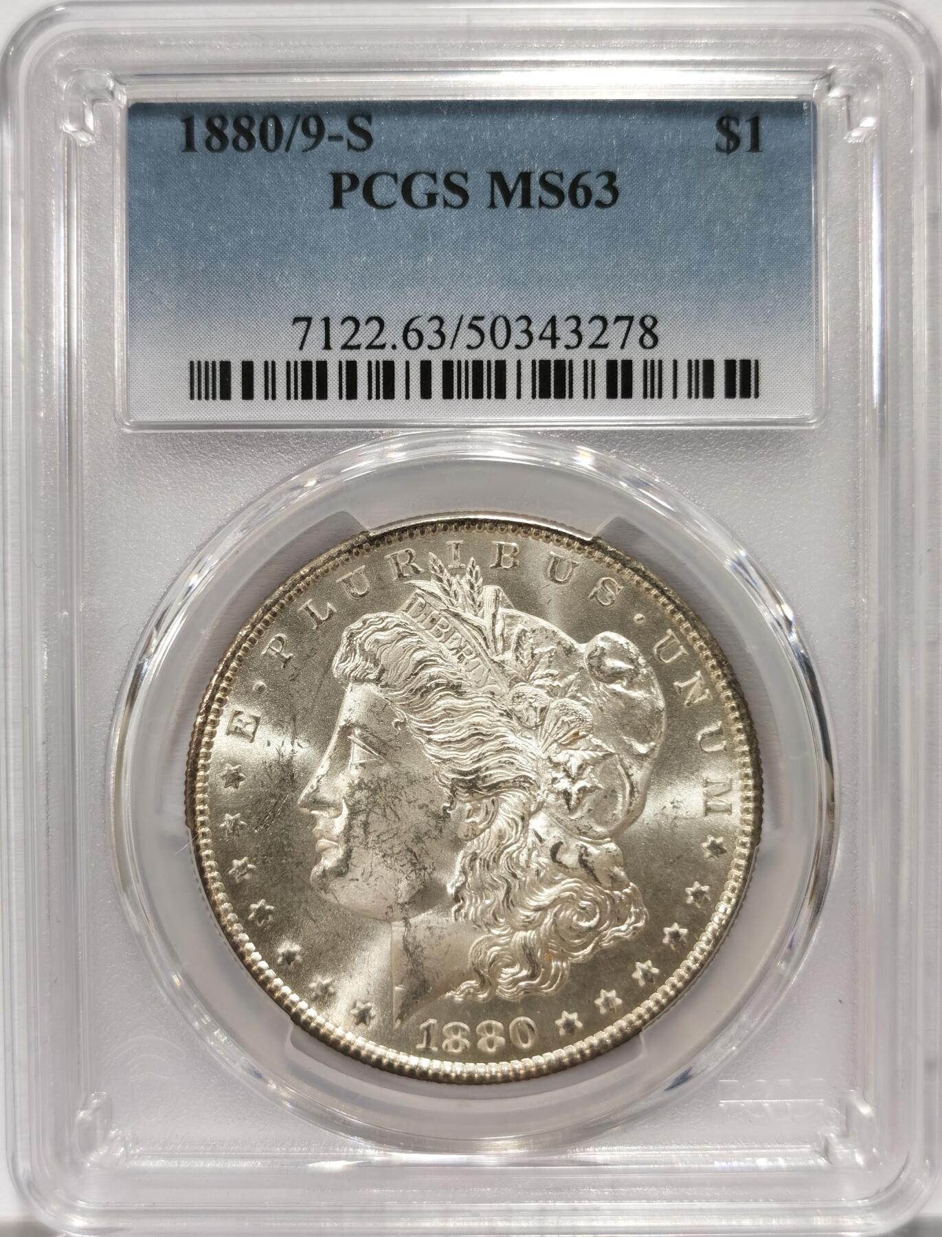 博洋堂世界钱币拍卖第099期（全场包邮） PCGS MS63 美国1880/9-S摩根大银币，少见骑字版
