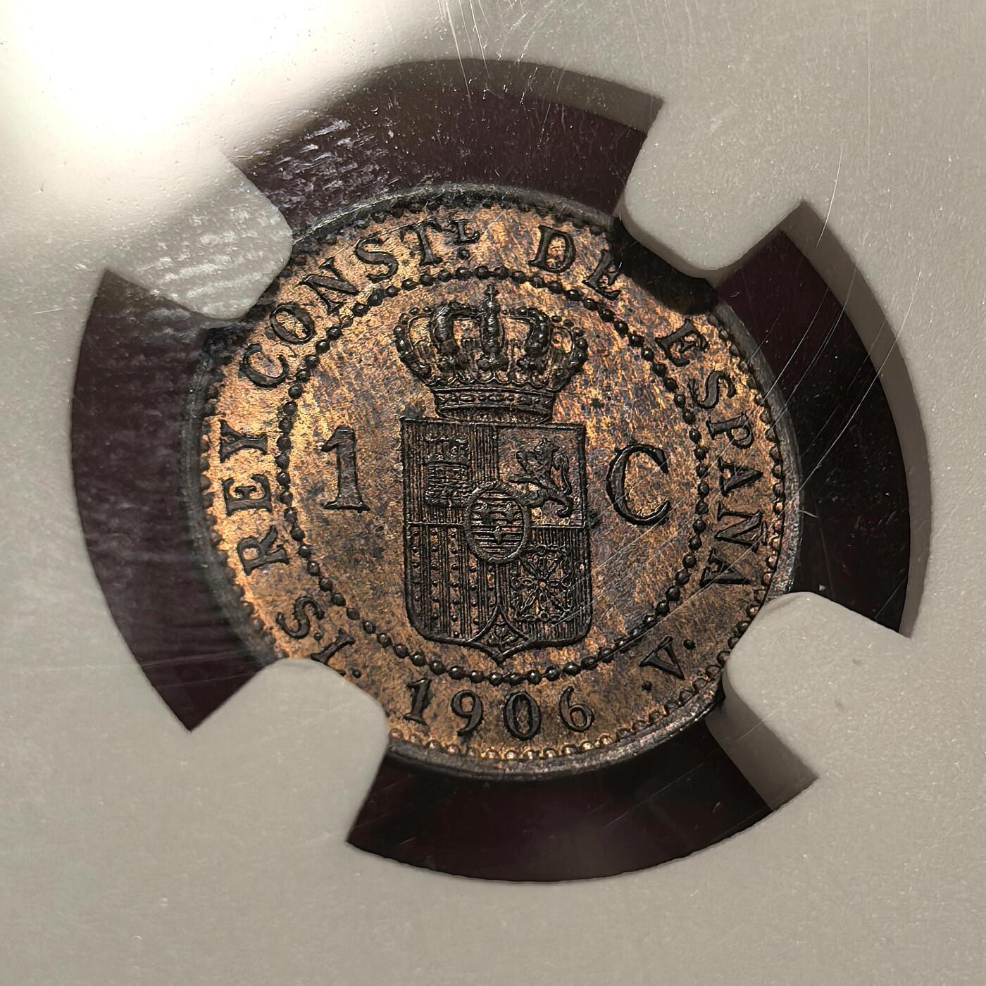 博洋堂世界钱币拍卖第099期（全场包邮） NGC MS62RB 西班牙1906(6) SLV阿方索十三世1分铜币