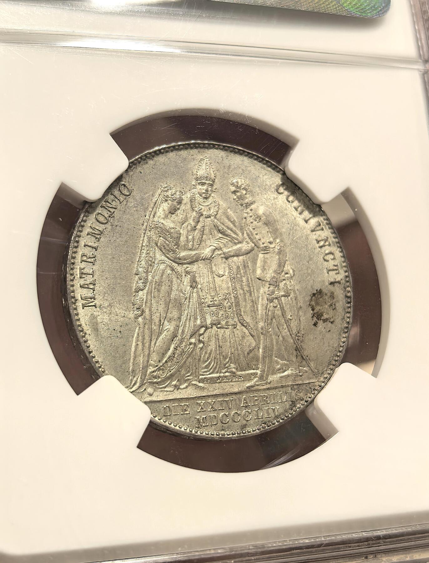 博洋堂世界钱币拍卖第099期（全场包邮） NGC MS62 奥地利1854年弗朗茨皇帝与茜茜公主大婚纪念1盾银币，早期严评，实物状态很棒。