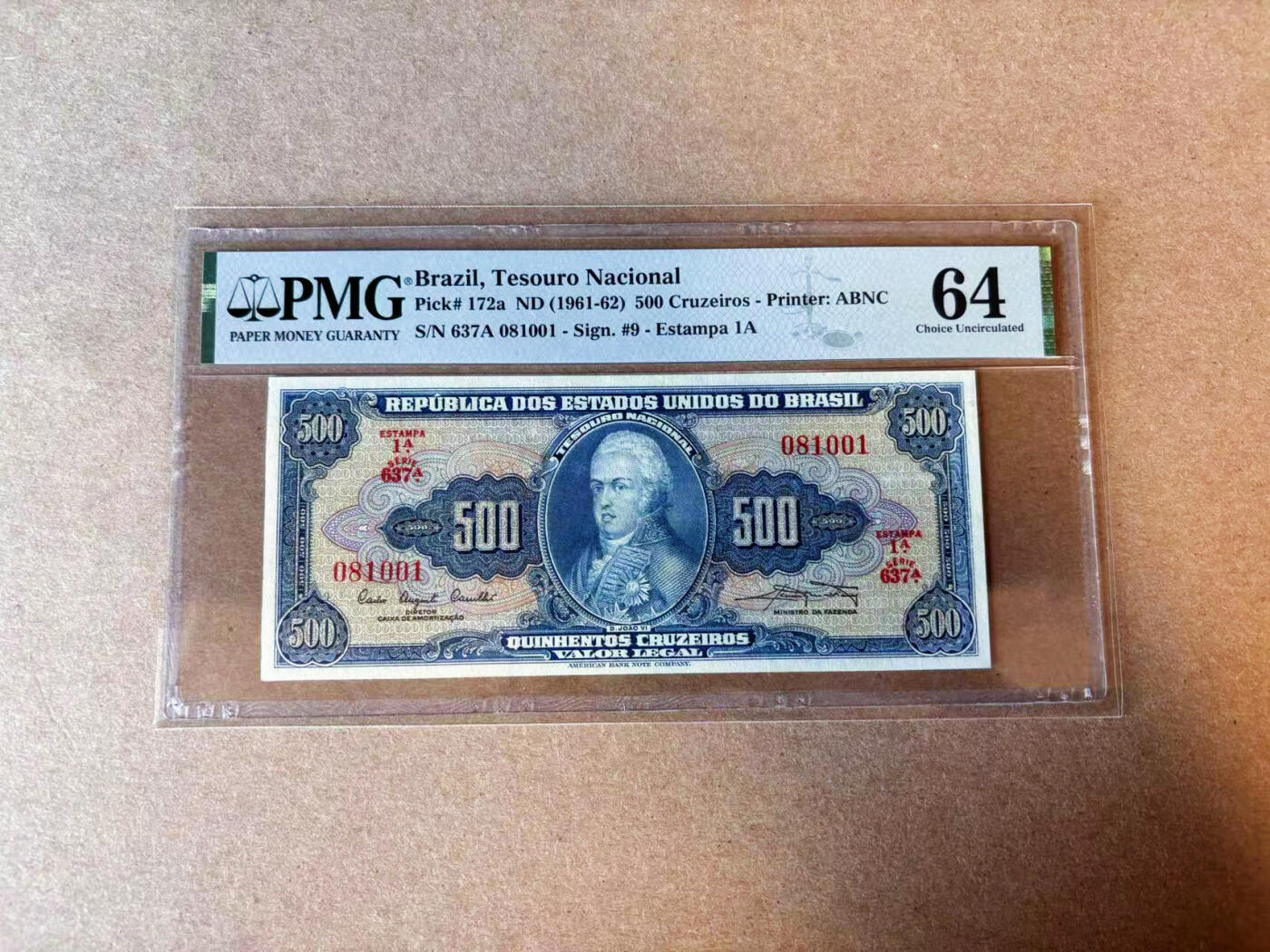 【Blue Auction】✨世界纸币精拍第575期【精】 【倒置号】巴西 1961-62年500克鲁塞罗 PMG64