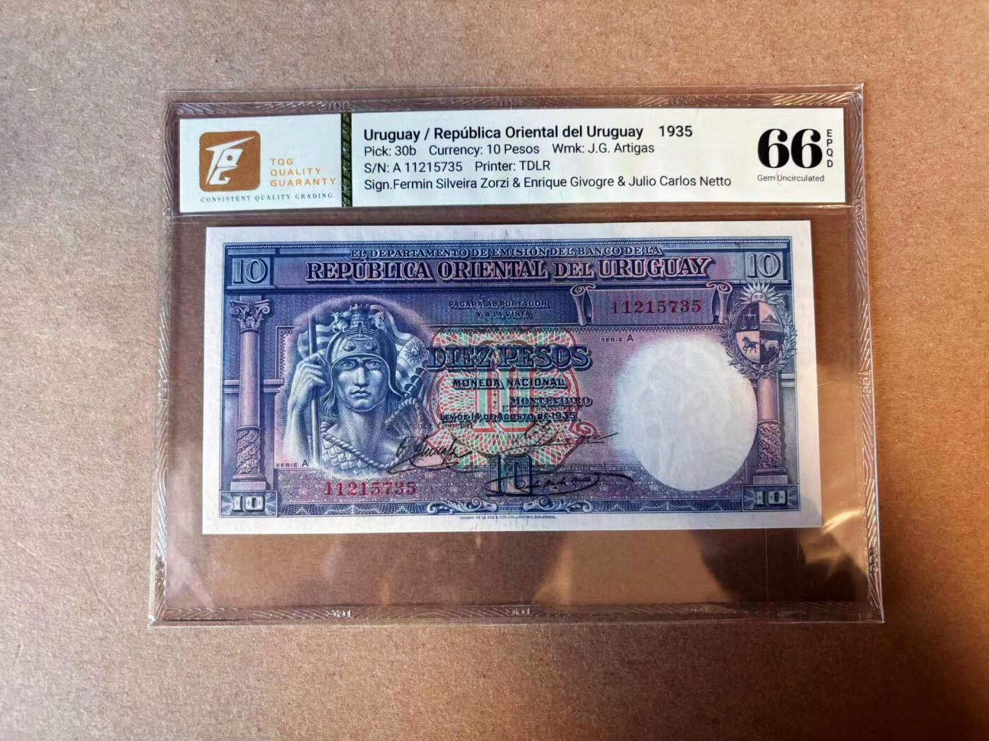【Blue Auction】✨世界纸币精拍第575期【精】 乌拉圭 1935年10比索 背面大场景精美 TQG66EPQ 