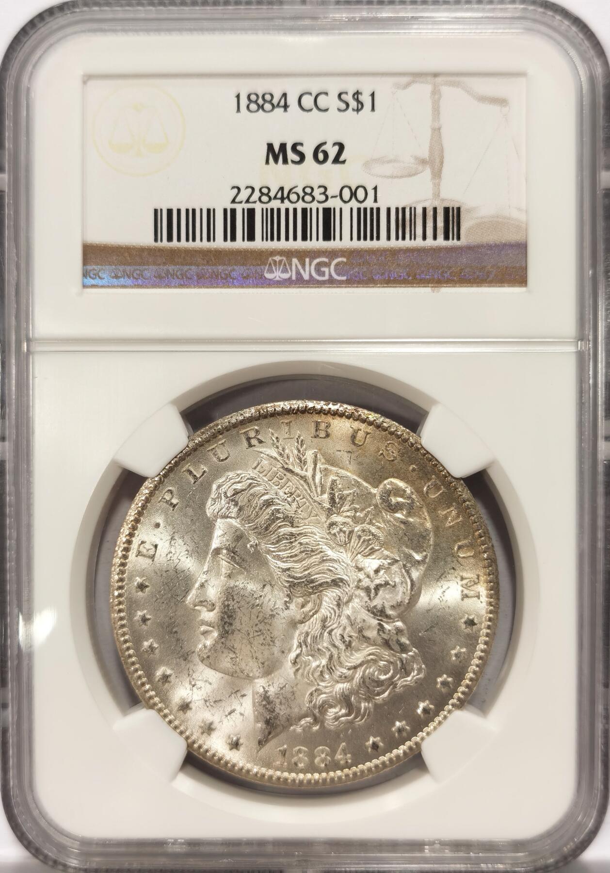 博洋堂世界钱币拍卖第099期（全场包邮） NGC MS62 美国1884年卡森厂CC版摩根银币，稀少版别。