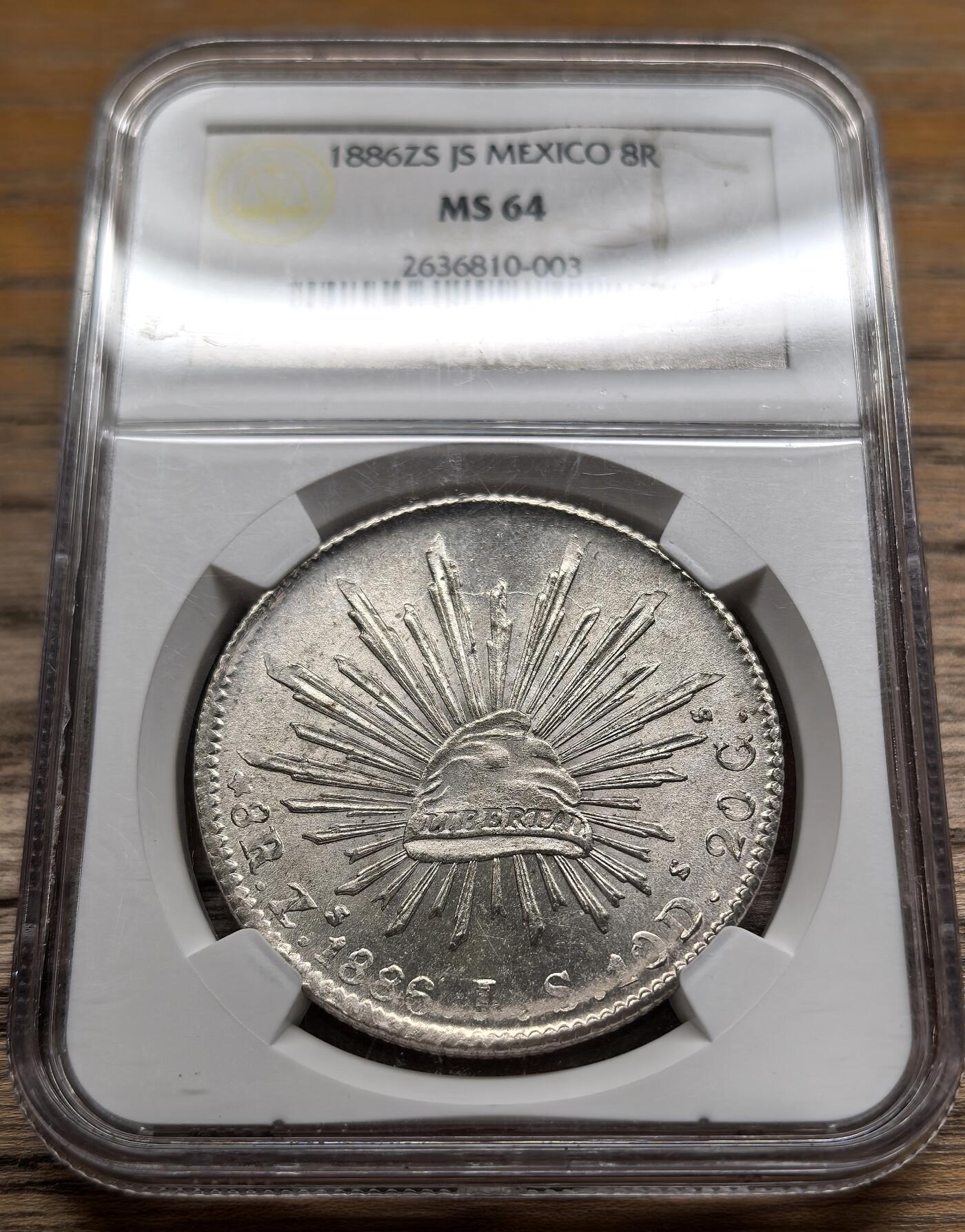 凡希社世界钱币微拍第二百八十九期 1886ZS墨西哥花边鹰洋NGC-MS64，全深打，全银光。