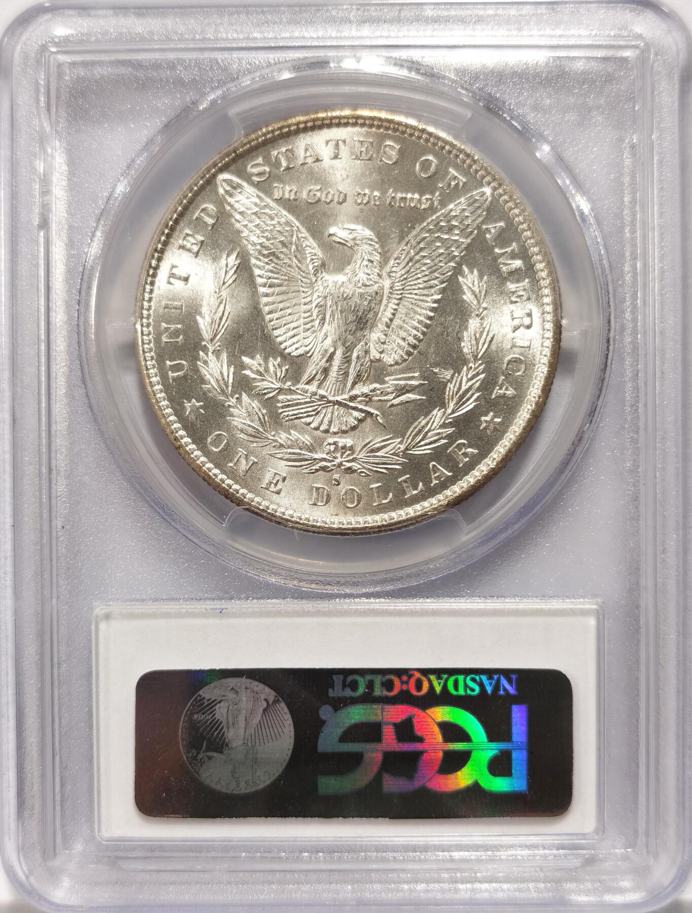 博洋堂世界钱币拍卖第099期（全场包邮） PCGS MS63 美国1879-S摩根大银币，盒子背面有几处小磕损