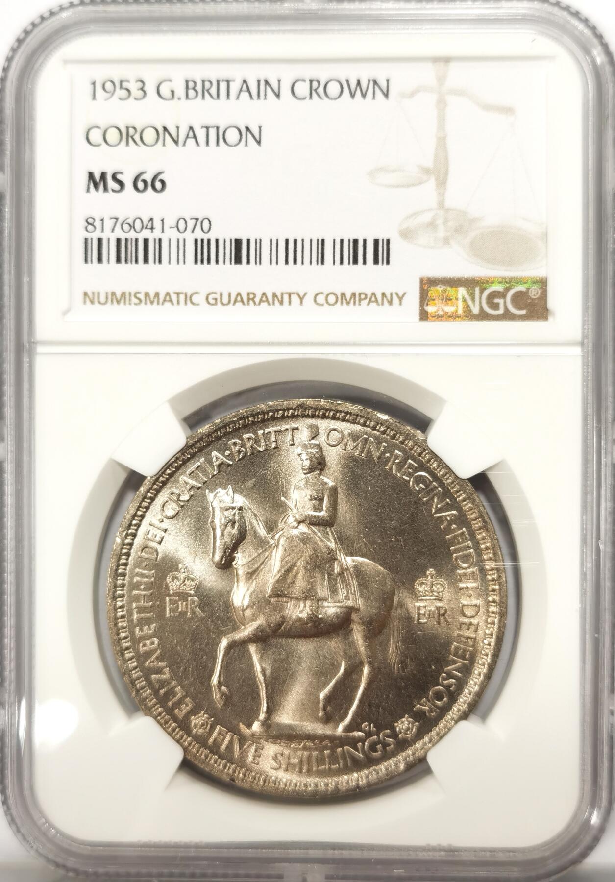博洋堂世界钱币拍卖第099期（全场包邮） NGC MS66 英国1953年伊丽莎白二世登基纪念克朗，少见高分