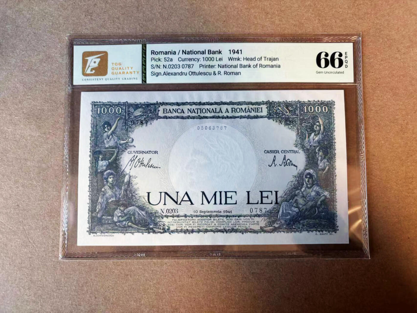【Blue Auction】✨世界纸币精拍第575期【精】 罗马尼亚 1941年1000雷 法属风 TQG66EPQ 