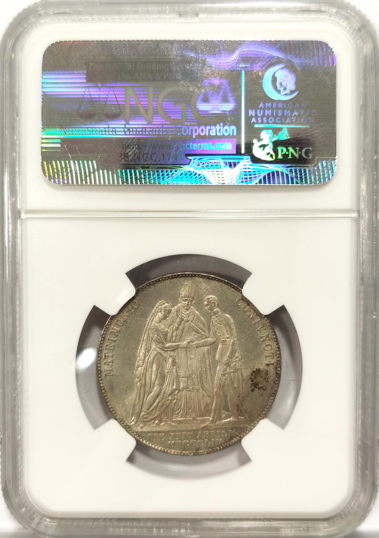 博洋堂世界钱币拍卖第099期（全场包邮） NGC MS62 奥地利1854年弗朗茨皇帝与茜茜公主大婚纪念1盾银币，早期严评，实物状态很棒。