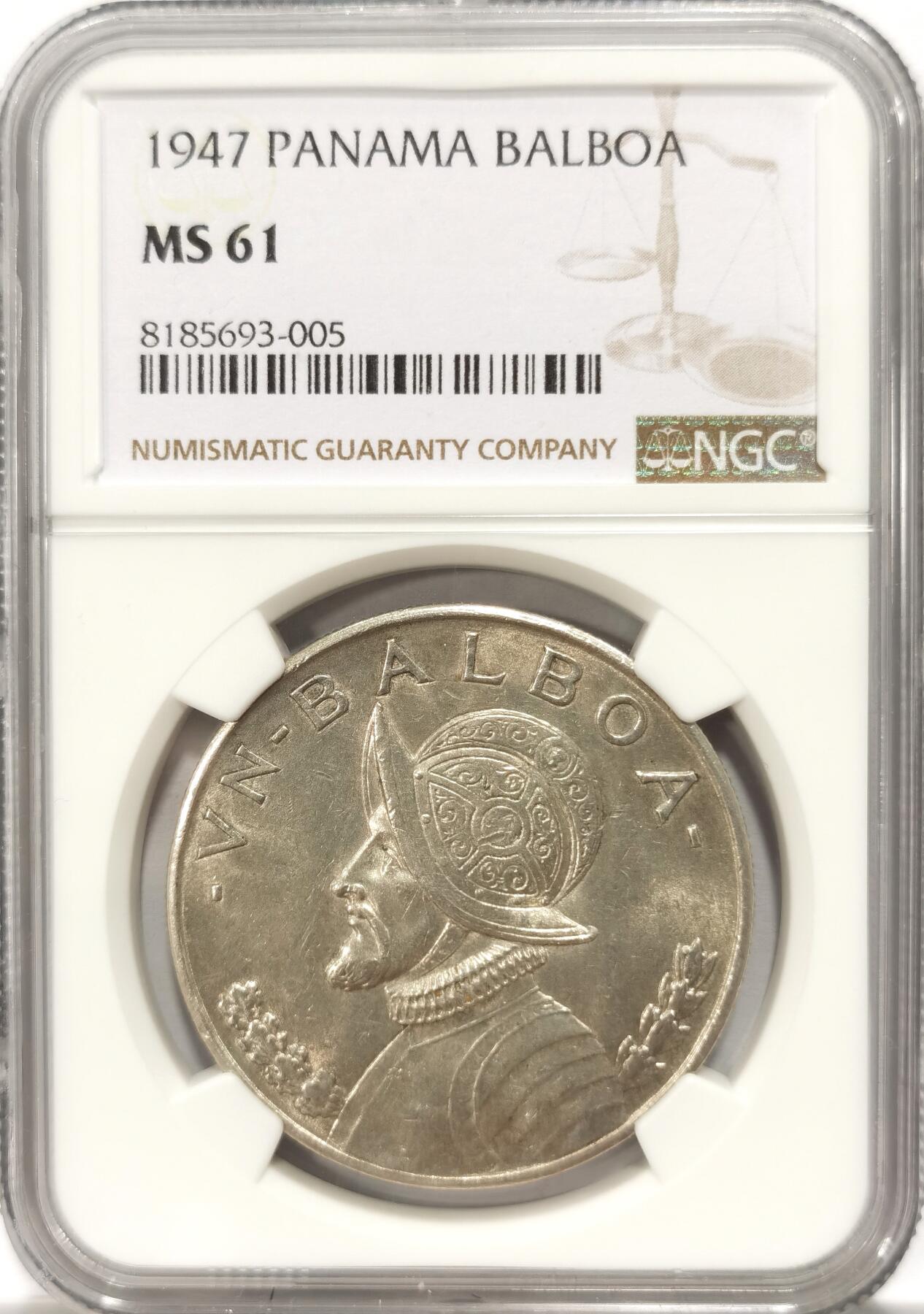 博洋堂世界钱币拍卖第099期（全场包邮） 1947年巴拿马1巴波亚银币NGC-MS61，女神系大主币，币面清爽干净又漂亮，状态极佳。