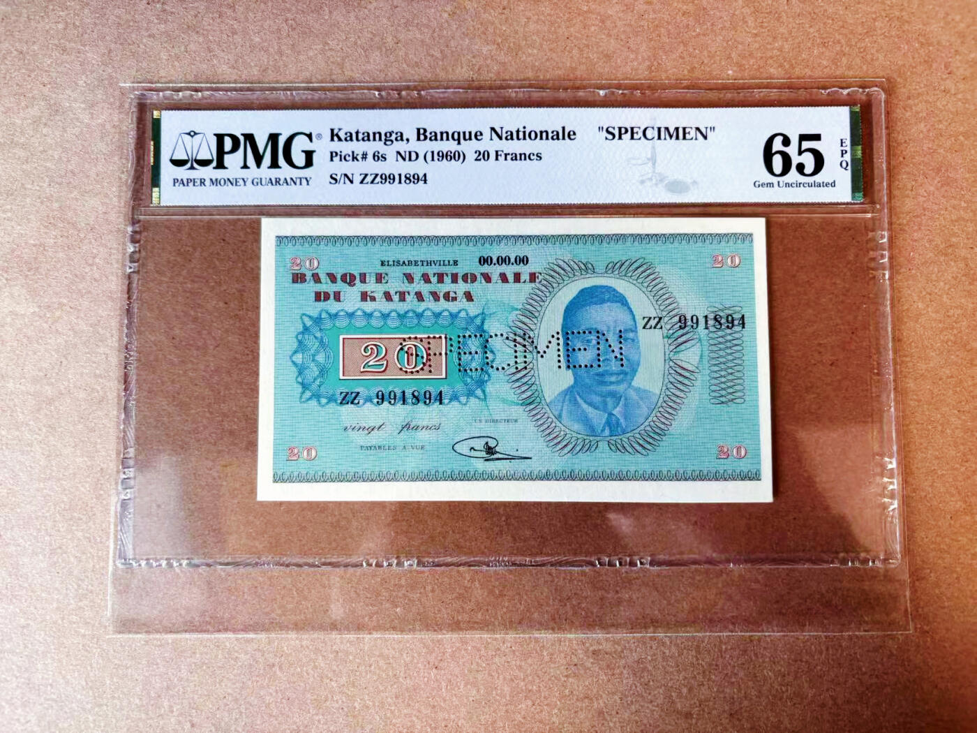 【Blue Auction】✨世界纸币精拍第575期【精】 【样钞】加丹加 1960年20法郎  PMG65EPQ  