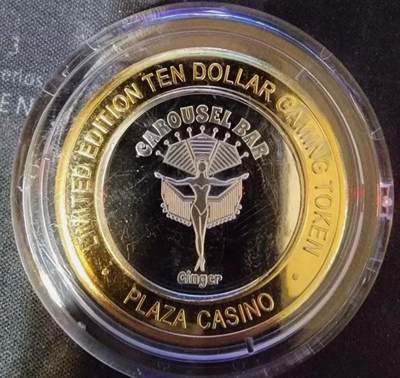 “旋转姜美人”双色银币（限量版）          美国10 Dollars 银币（拉斯维加斯“PLAZA PALACE”代币）。内圆白银，内径30mm，外环黄铜，外径42.5mm，总重量39克。 - “旋转姜美人”双色银币（限量版）          美国10 Dollars 银币（拉斯维加斯“PLAZA PALACE”代币）。内圆白银，内径30mm，外环黄铜，外径42.5mm，总重量39克。