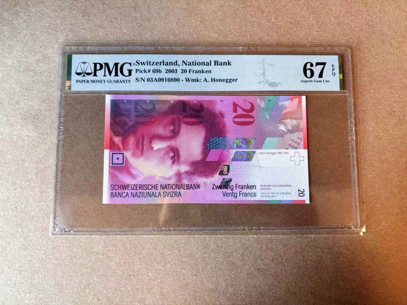 【Blue Auction】✨世界纸币精拍第575期【精】 【A冠倒置号】瑞士 2003年20法郎 PMG67EPQ 高分