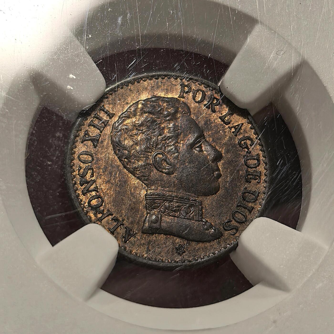 博洋堂世界钱币拍卖第099期（全场包邮） NGC MS62RB 西班牙1906(6) SLV阿方索十三世1分铜币
