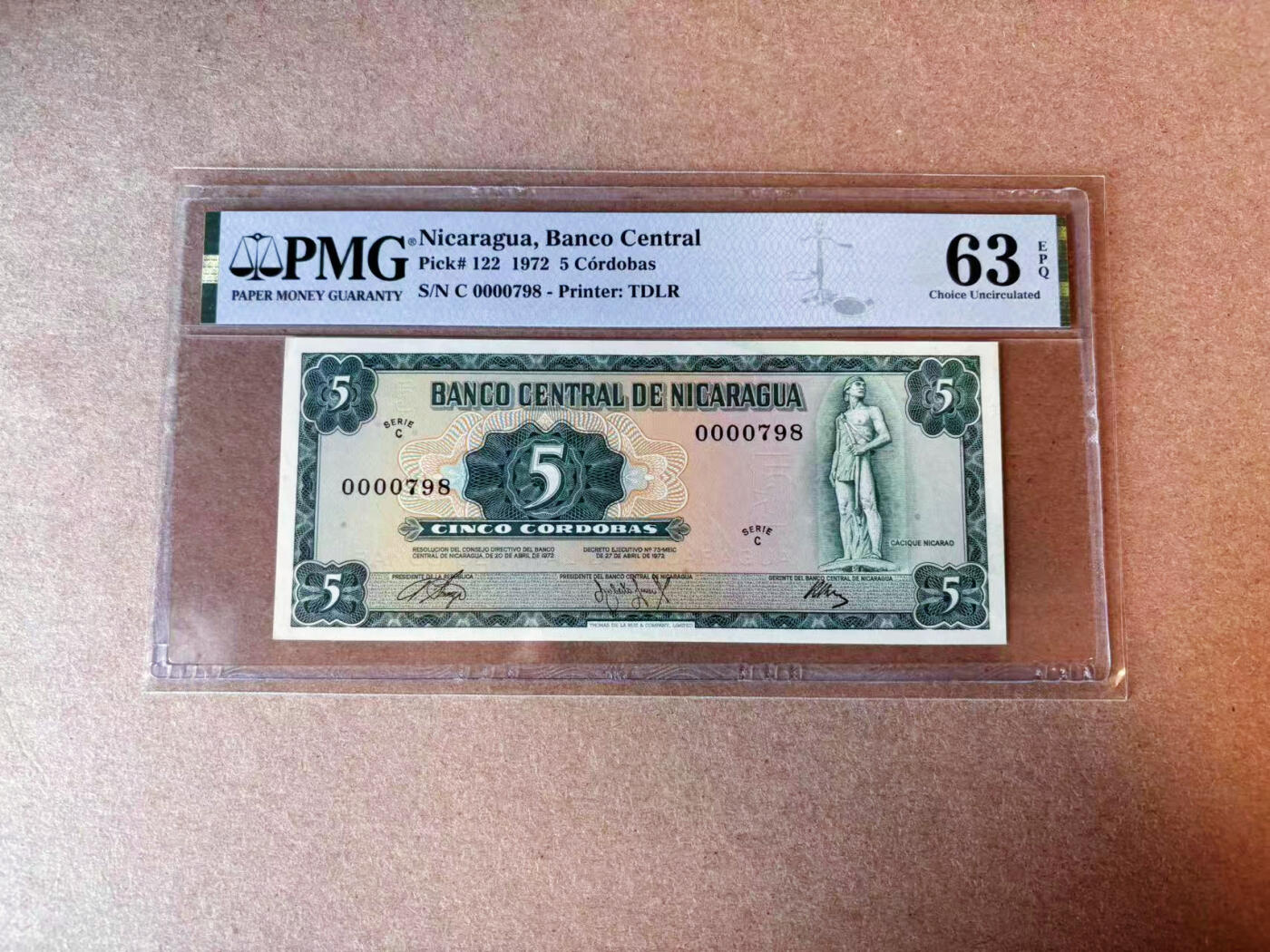 【Blue Auction】✨世界纸币精拍第575期【精】 【798小号】尼加拉瓜 1972年5科多巴 PMG63EPQ 