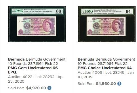 【Blue Auction】✨世界纸币精拍第575期【精】  【C/1首发冠 无47】百慕大 1964年10镑 最高值少见 大冠女王 多色套印色彩绚丽 BWC出品 PMG66EPQ 该品相值得收藏（当初印制了30万张，然而在1969年，百慕大宣布从镑制改为以十进制形式表示的元，这将使旧钞票失效。据说只发行了000001到250000的序列号，最后5万张被销毁） 