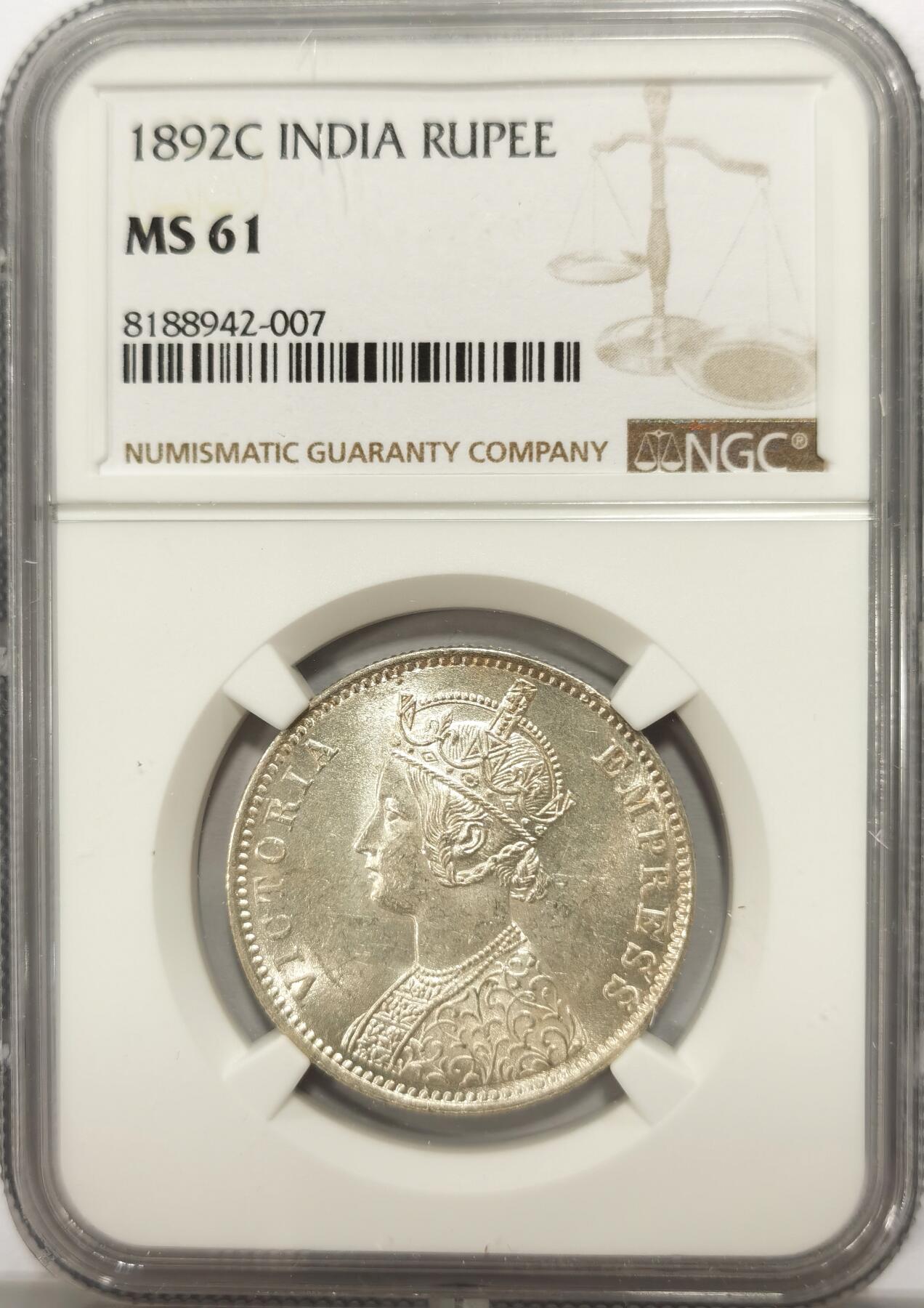 博洋堂世界钱币拍卖第099期（全场包邮） NGC MS61 印度早期卢比 1892C一卢比 光度十足 银光闪闪