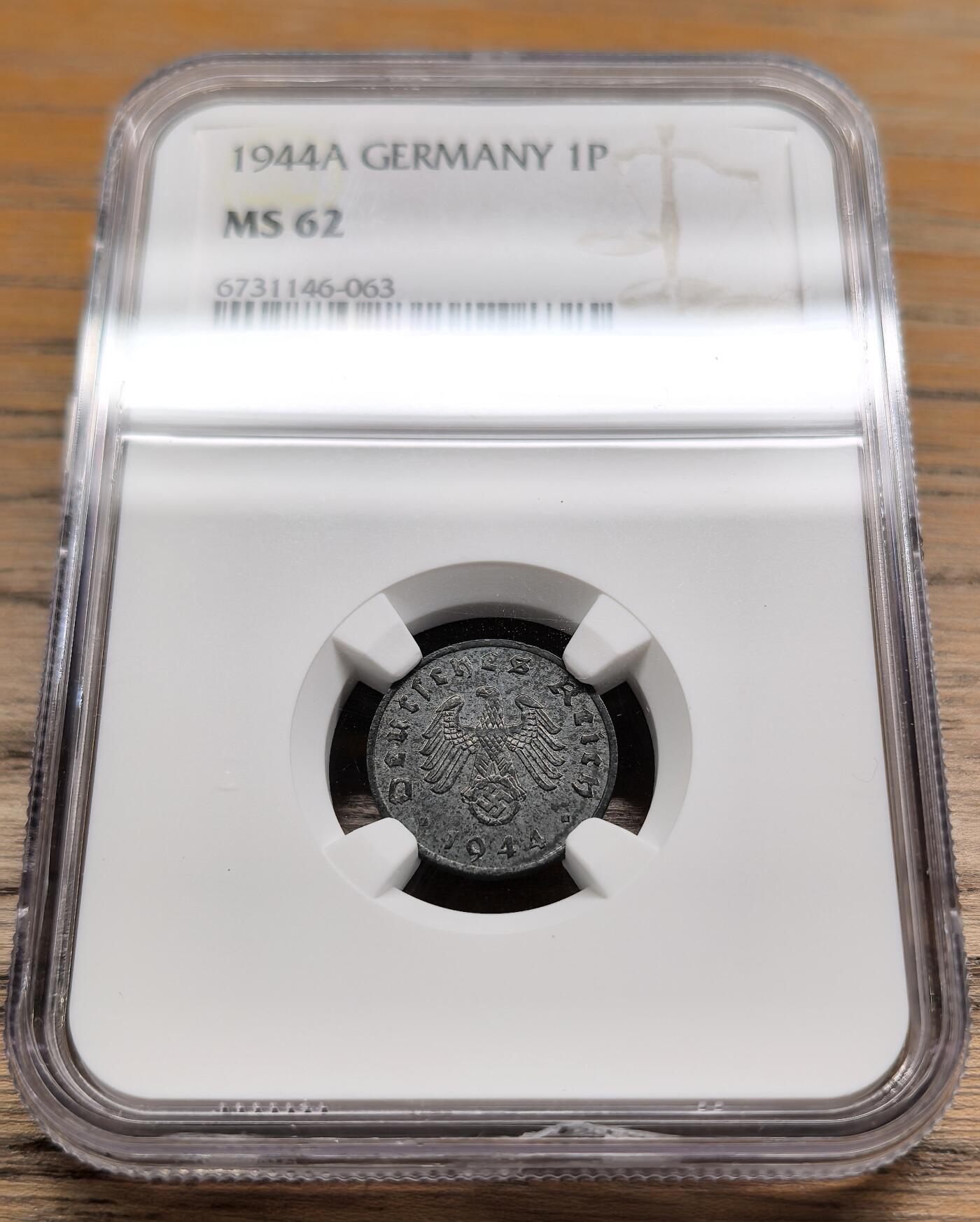 凡希社世界钱币微拍第二百八十九期 1944A德国万字1芬尼锌币NGC-MS62