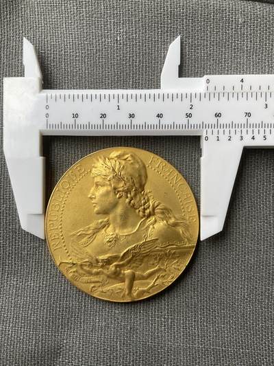 法国章牌银章专场 - 稀有玛丽安娜镀金铜章，56mm,79g,bottee作品，BRONZE边铭