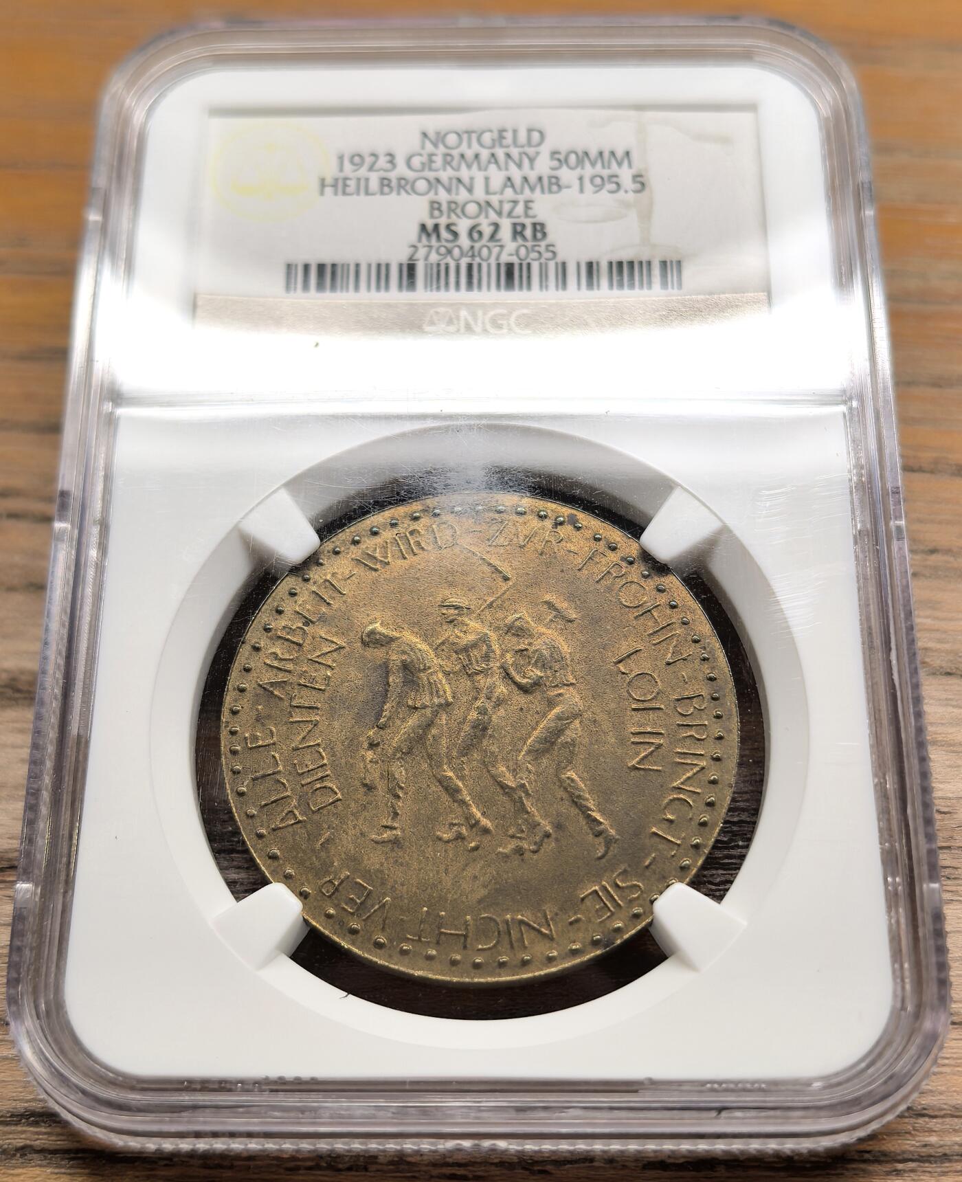 凡希社世界钱币微拍第二百八十九期 1923德紧海尔布隆矿工三兄弟500亿马克铜币NGC-MS62，德紧名誉品。