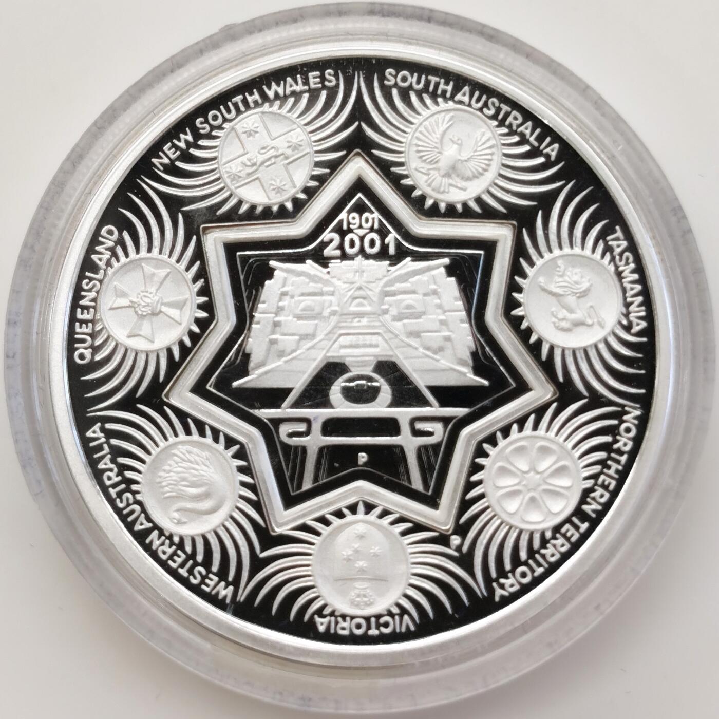 博洋堂世界钱币拍卖第099期（全场包邮） 澳大利亚2001年联邦百年子母币1元+25分双精制银币，盒证全，22.385+8.749克999银