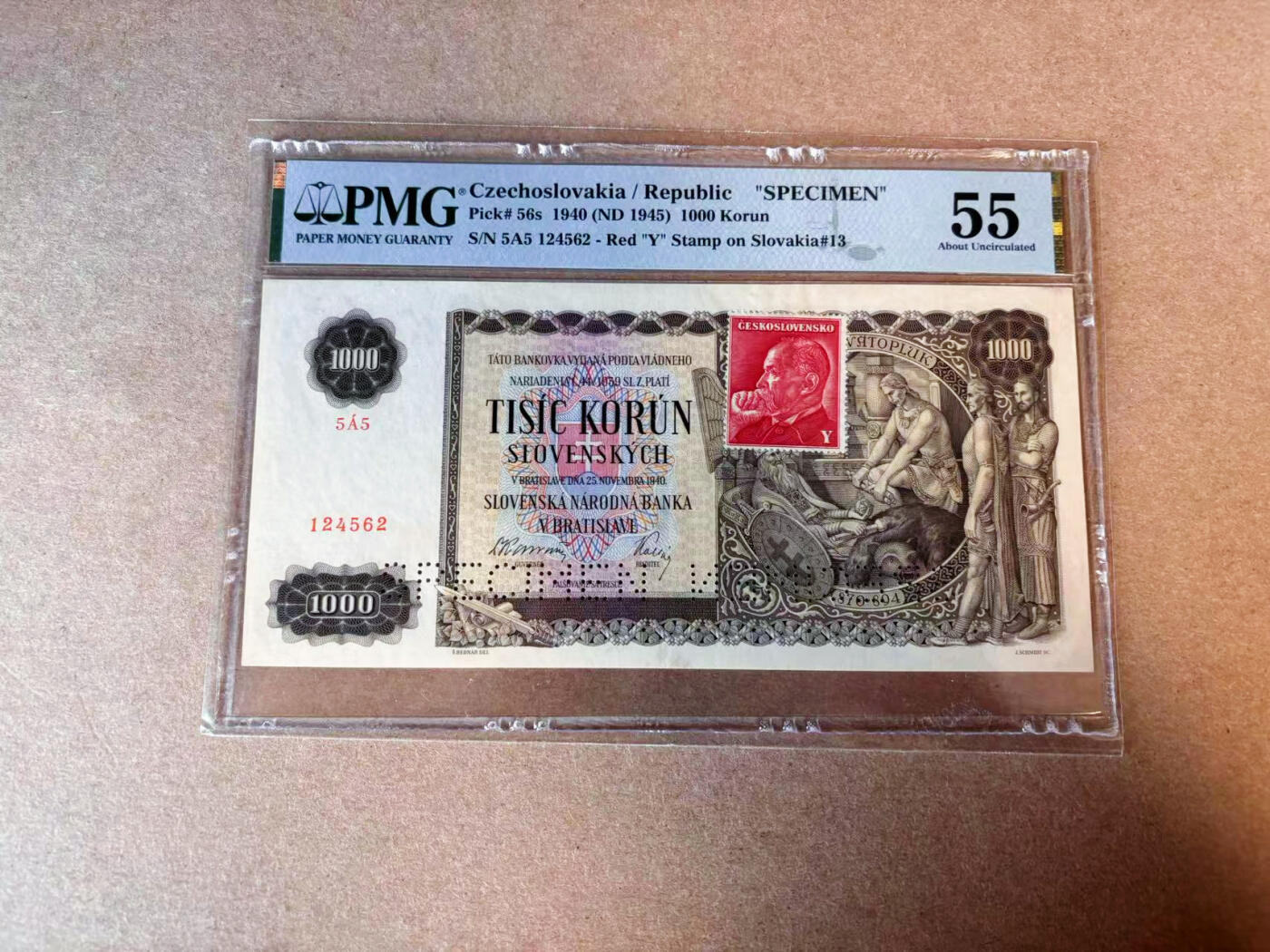 【Blue Auction】✨世界纸币精拍第575期【精】 捷斯 1940年1000克朗 贴票版 样钞 PMG55 折木教子 大票幅 